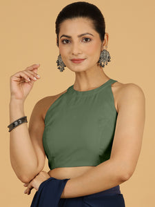 Zubeida x Rozaana | Hunter Green Sleeveless Halter Neck Saree Blouse