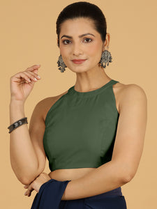 Zubeida x Rozaana | Pine Green Sleeveless Halter Neck Saree Blouse