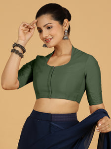 Salma x Rozaana | Elbow Sleeves Saree Blouse in Pine Green