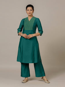 Piya x Rozaana | A Line Kurta in Peacock Green with Thread Work | Coords or Only Kurta