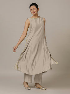 Sarah x Rozaana | A Line Kurta in Oyster Grey with Thread Work | Coords or Only Kurta