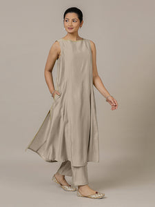 Sarah x Rozaana | A Line Kurta in Oyster Grey with Thread Work | Coords or Only Kurta