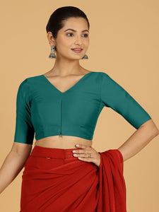 Shabana x Rozaana | Elbow Sleeves Saree Blouse in Peacock Green