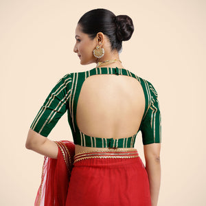  Shaheen x Tyohaar | Bottle Green Elbow Sleeves FlexiFit™ Saree Blouse with Zero Neck with Back Cut-Out and Gota Embellishment_6