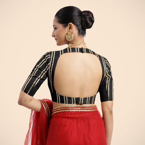 Shaheen x Tyohaar | Charcoal Black Elbow Sleeves FlexiFit™ Saree Blouse with Zero Neck with Back Cut-Out and Gota Embellishment_2
