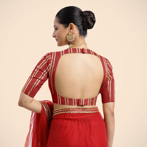 Shaheen x Tyohaar | Crimson Red Elbow Sleeves FlexiFit™ Saree Blouse with Zero Neck with Back Cut-Out and Gota Embellishment_6
