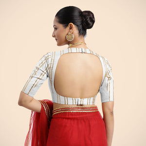 Shaheen x Tyohaar | Pearl White Elbow Sleeves FlexiFit™ Saree Blouse with Zero Neck with Back Cut-Out and Golden Gota Embellishment