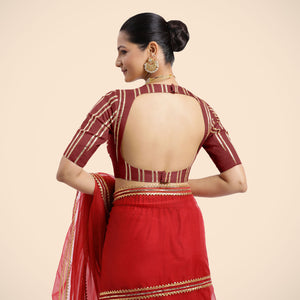 Shaheen x Tyohaar | Auburn Red Elbow Sleeves FlexiFit™ Saree Blouse with Zero Neck with Back Cut-Out and Golden Gota Embellishment