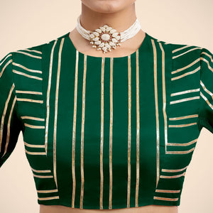Shaheen x Tyohaar | Bottle Green Elbow Sleeves FlexiFit™ Saree Blouse with Zero Neck with Back Cut-Out and Golden Gota Embellishment