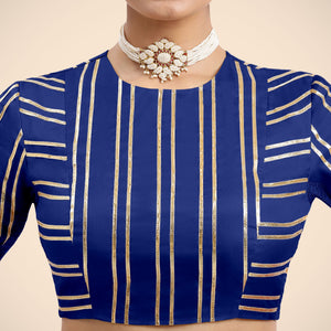 Shaheen x Tyohaar | Cobalt Blue Elbow Sleeves FlexiFit™ Saree Blouse with Zero Neck with Back Cut-Out and Golden Gota Embellishment
