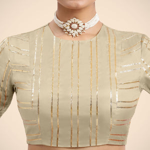  Shaheen x Tyohaar | Cream Elbow Sleeves FlexiFit™ Saree Blouse with Zero Neck with Back Cut-Out and Gota Embellishment_5