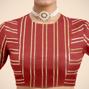 Shaheen x Tyohaar | Crimson Red Elbow Sleeves FlexiFit™ Saree Blouse with Zero Neck with Back Cut-Out and Golden Gota Embellishment