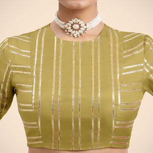  Shaheen x Tyohaar | Lemon Yellow Elbow Sleeves FlexiFit™ Saree Blouse with Zero Neck with Back Cut-Out and Gota Embellishment_6