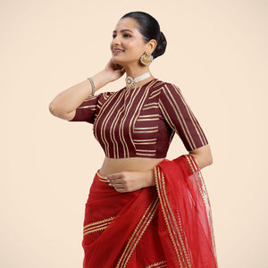 Shaheen x Tyohaar | Burgundy Elbow Sleeves FlexiFit™ Saree Blouse with Zero Neck with Back Cut-Out and Gota Embellishment