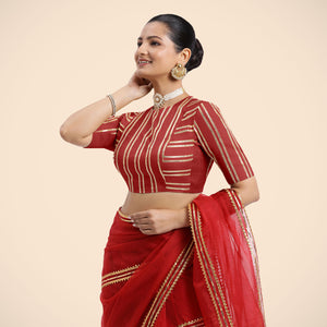  Shaheen x Tyohaar | Crimson Red Elbow Sleeves FlexiFit™ Saree Blouse with Zero Neck with Back Cut-Out and Gota Embellishment_5