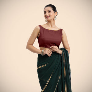  Sherry x Tyohaar | Burgundy Sleeveless FlexiFit™ Saree Blouse with Simple Gota Lace on Neckline and Removable Bow on Back_1