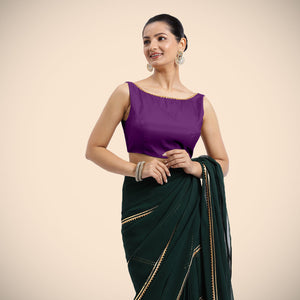  Sherry x Tyohaar | Purple Sleeveless FlexiFit™ Saree Blouse with Simple Gota Lace on Neckline and Removable Bow on Back_4