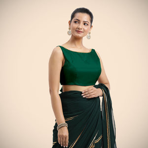 Sherry x Tyohaar | Bottle Green Sleeveless FlexiFit™ Saree Blouse with Simple Gota Lace on Neckline and Removable Bow on Back - Binks  