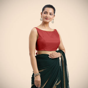  Sherry x Tyohaar | Crimson Red Sleeveless FlexiFit™ Saree Blouse with Simple Gota Lace on Neckline and Removable Bow on Back_4
