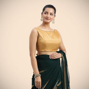 Sherry x Tyohaar | Gold Sleeveless FlexiFit™ Saree Blouse with Simple Gota Lace on Neckline and Removable Bow on Back_1