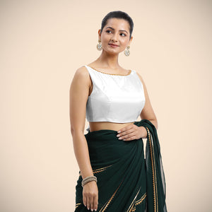  Sherry x Tyohaar | Pearl White Sleeveless FlexiFit™ Saree Blouse with Simple Gota Lace on Neckline and Removable Bow on Back_6