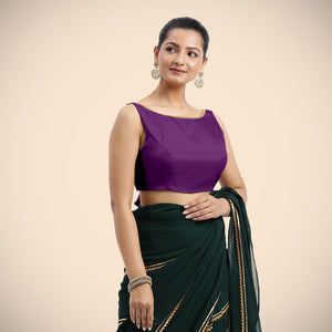  Sherry x Tyohaar | Purple Sleeveless FlexiFit™ Saree Blouse with Simple Gota Lace on Neckline and Removable Bow on Back_1