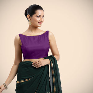  Sherry x Tyohaar | Purple Sleeveless FlexiFit™ Saree Blouse with Simple Gota Lace on Neckline and Removable Bow on Back_6
