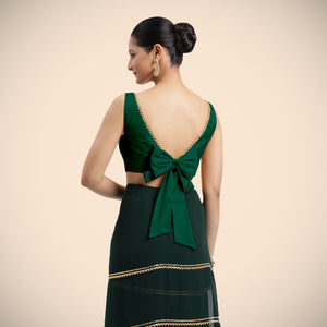 Sherry x Tyohaar | Bottle Green Sleeveless FlexiFit™ Saree Blouse with Simple Gota Lace on Neckline and Removable Bow on Back - Binks  
