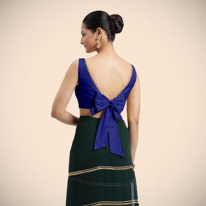 Sherry x Tyohaar | Cobalt Blue Sleeveless FlexiFit™ Saree Blouse with Simple Gota Lace on Neckline and Removable Bow on Back - Binks  