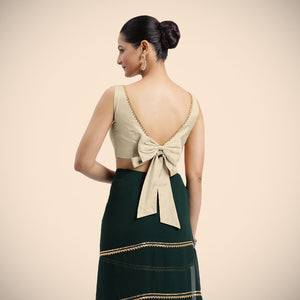  Sherry x Tyohaar | Cream Sleeveless FlexiFit™ Saree Blouse with Simple Gota Lace on Neckline and Removable Bow on Back_2