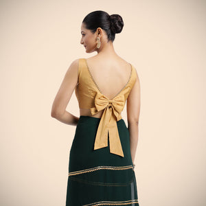  Sherry x Tyohaar | Gold Sleeveless FlexiFit™ Saree Blouse with Simple Gota Lace on Neckline and Removable Bow on Back_4