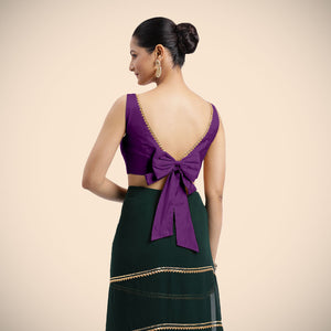 Sherry x Tyohaar | Purple Sleeveless FlexiFit™ Saree Blouse with Simple Gota Lace on Neckline and Removable Bow on Back_5