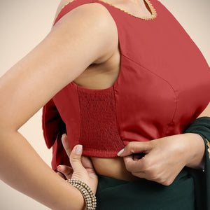  Sherry x Tyohaar | Crimson Red Sleeveless FlexiFit™ Saree Blouse with Simple Gota Lace on Neckline and Removable Bow on Back_3