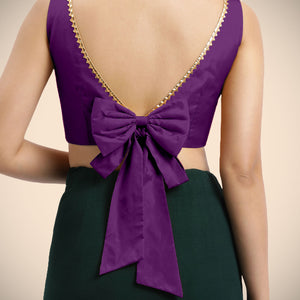  Sherry x Tyohaar | Purple Sleeveless FlexiFit™ Saree Blouse with Simple Gota Lace on Neckline and Removable Bow on Back_2
