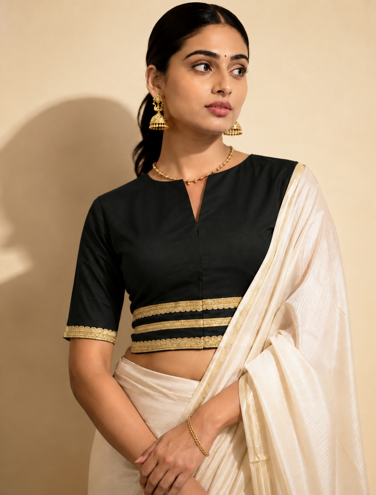 Shree | Elbow Sleeve Ebony Black Linen FlexiFit™ Saree Blouse