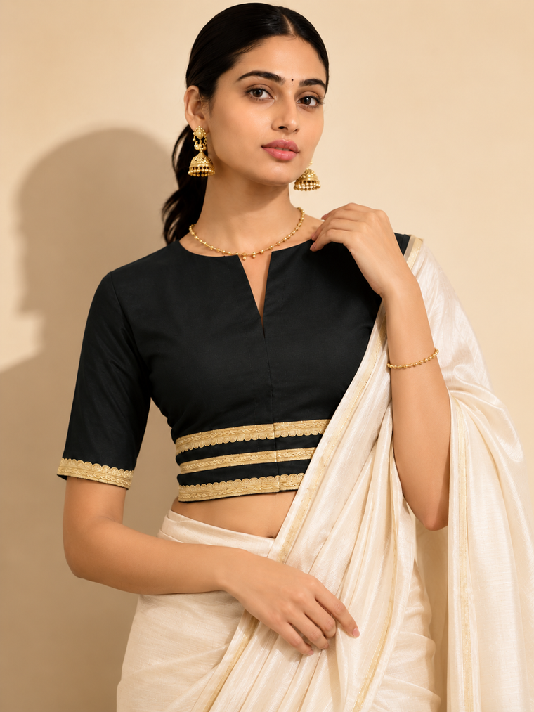 Shree | Elbow Sleeve Ebony Black Linen FlexiFit™ Saree Blouse
