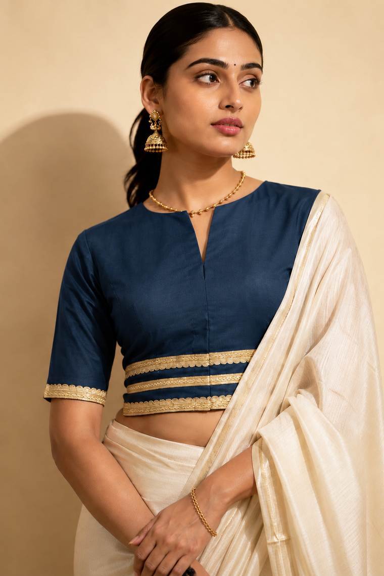 Shree | Elbow Sleeve Regal Blue Linen FlexiFit™ Saree Blouse