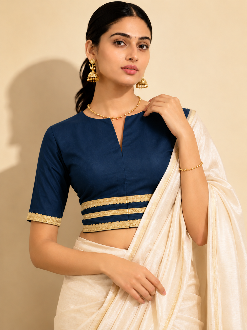 Shree | Elbow Sleeve Regal Blue Linen FlexiFit™ Saree Blouse