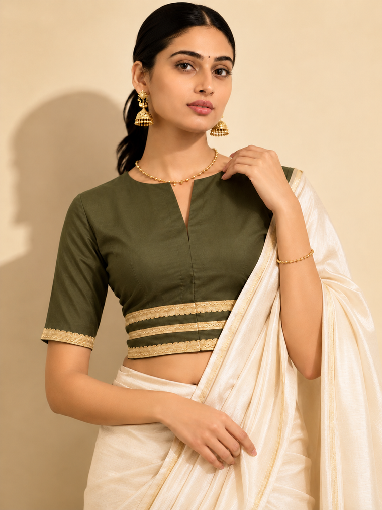 Shree | Elbow Sleeve Deep Olive Green Linen FlexiFit™ Saree Blouse