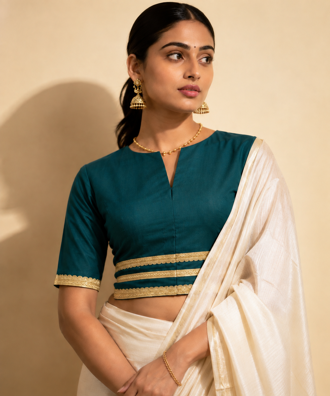 Shree | Elbow Sleeve Teal Blue Linen FlexiFit™ Saree Blouse