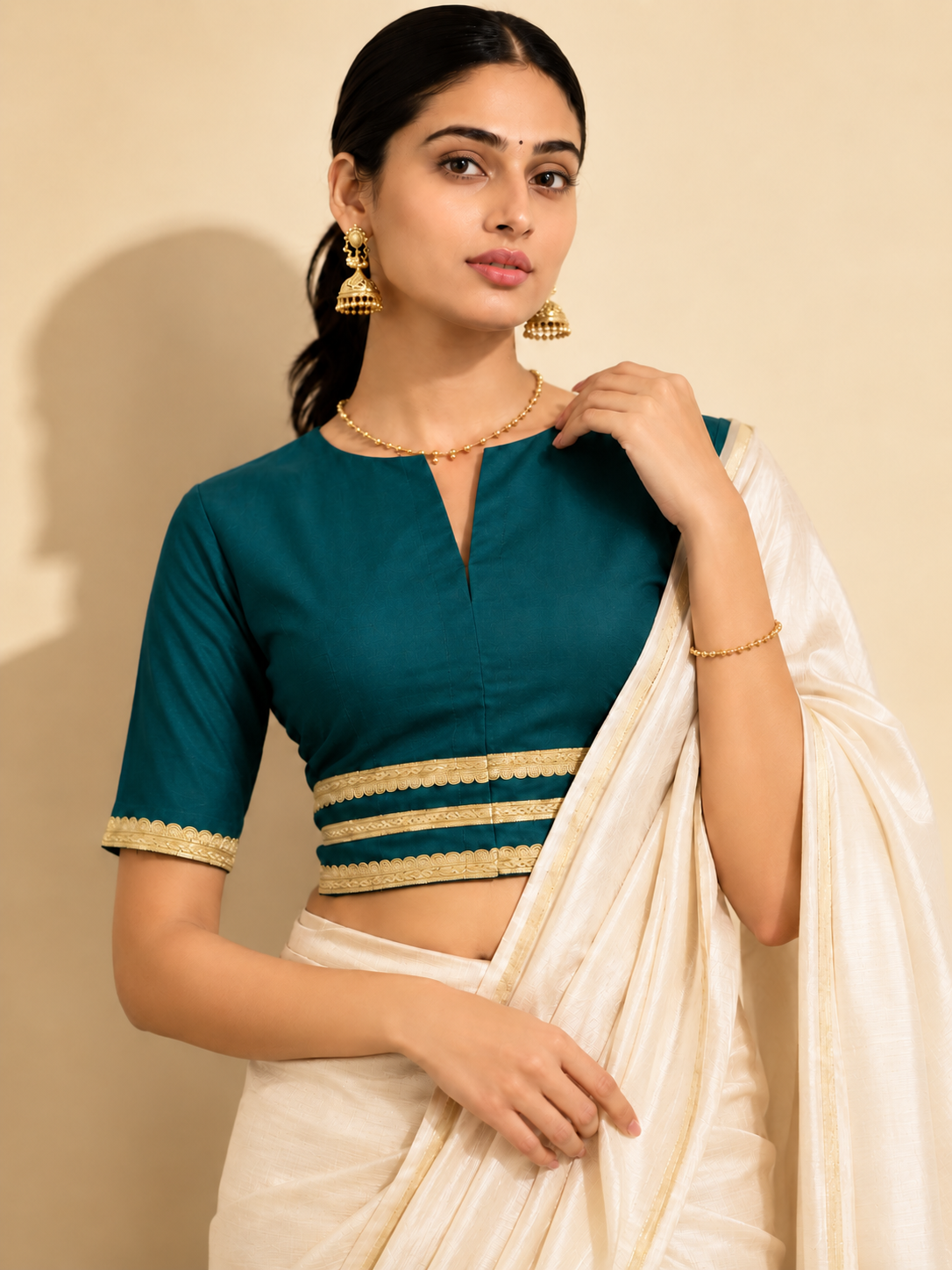 Shree | Elbow Sleeve Teal Blue Linen FlexiFit™ Saree Blouse