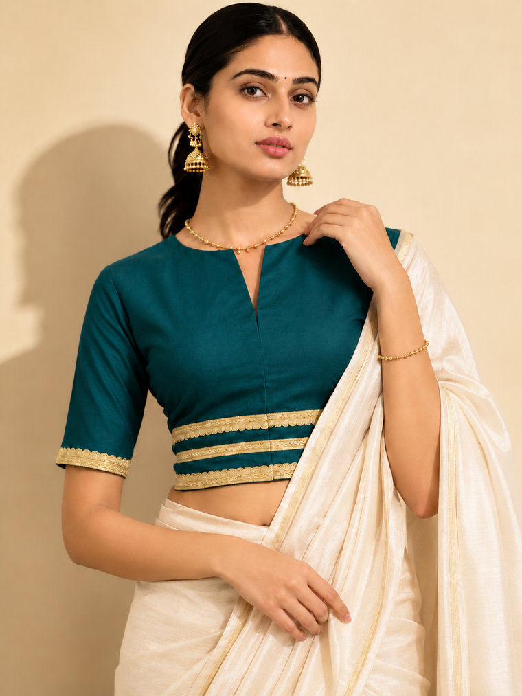 Shree | Elbow Sleeve Teal Blue Linen FlexiFit™ Saree Blouse