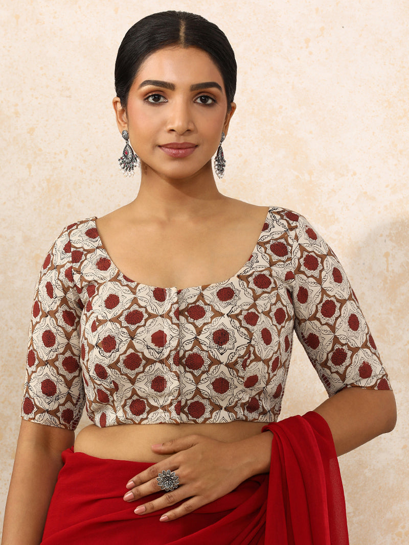 Shruti x Rozaana, Elbow Sleeves Saree Blouse in Red Dahlia Block Print Cotton — Daily & Work