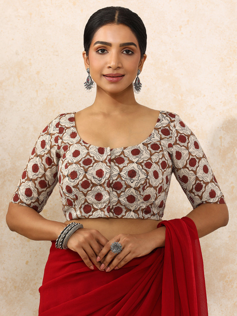 Shruti x Rozaana, Elbow Sleeves Saree Blouse in Red Dahlia Block Print Cotton — Daily & Work — view 6