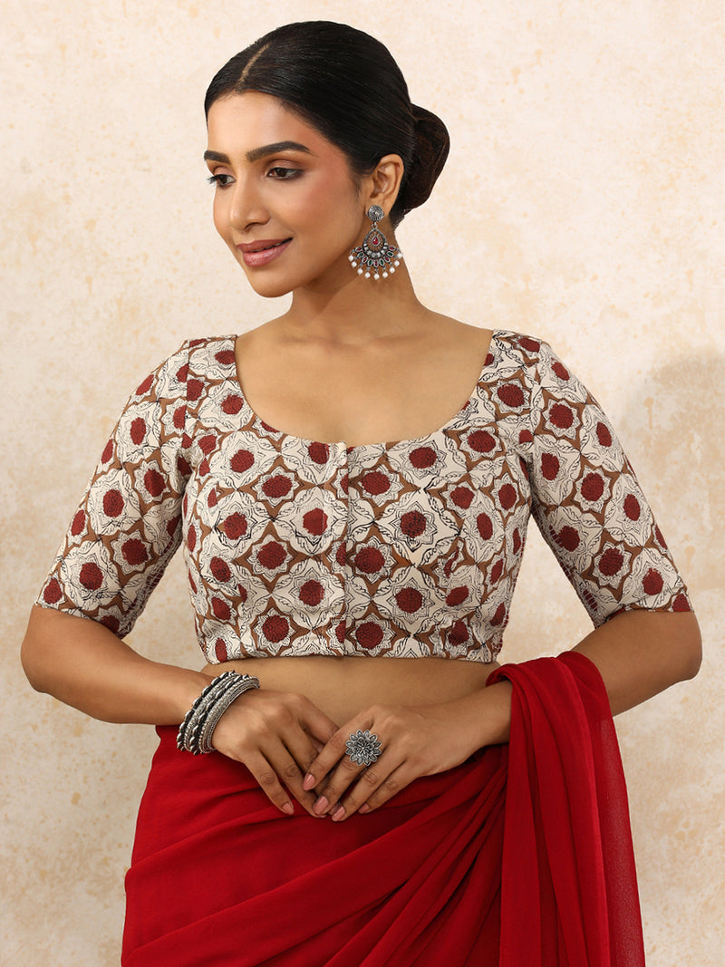 Shruti x Rozaana, Elbow Sleeves Saree Blouse in Red Dahlia Block Print Cotton — Daily & Work — view 7