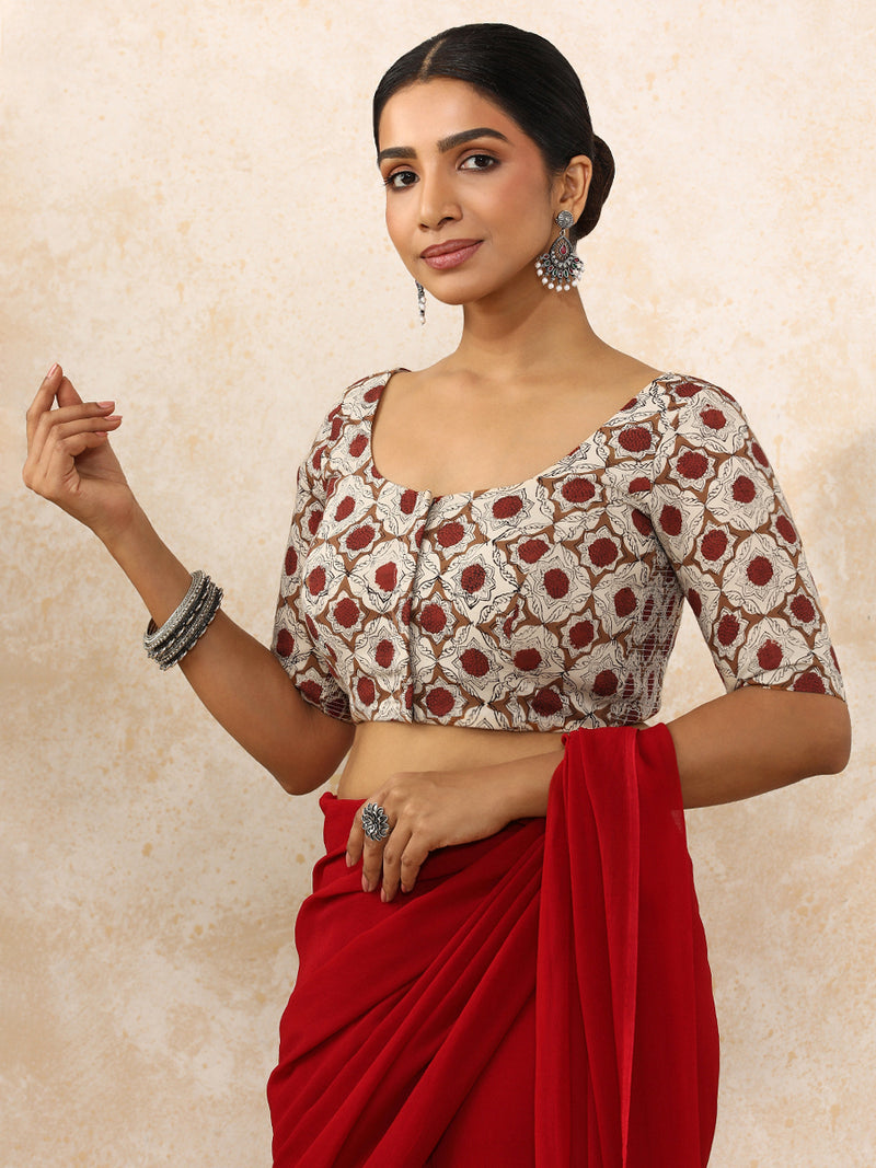 Shruti x Rozaana, Elbow Sleeves Saree Blouse in Red Dahlia Block Print Cotton — Daily & Work — view 8
