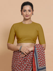 Suhana x Rozaana | Jewel Neck Khaki Plain Cotton Saree Blouse