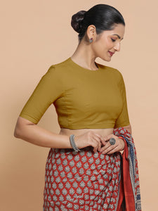 Suhana x Rozaana | Jewel Neck Khaki Plain Cotton Saree Blouse