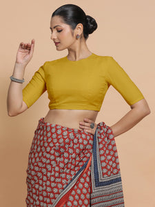 Suhana x Rozaana | Jewel Neck Sunny Yellow Plain Cotton Saree Blouse