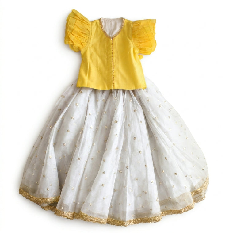 Gilheri x Tyohaar | Yellow & White Chandheri-Organza Ruffle Sleeve Lehenga Set